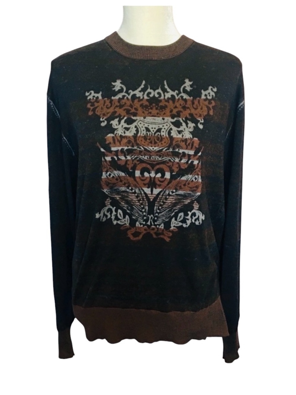 Neiman Marcus Silk Cashmere Blend Sweater Men’s M Brown Graphic Crew Neck
